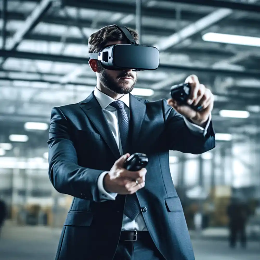 Mann nutzt VR-Brille - Interaktive 3D Anwendungen / Virtual Reality erleben mit INVIZCOM - 3D-Agentur München Shanghai